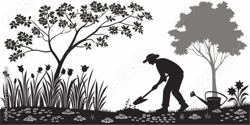 Gardener tending flower garden, nurturing plants, spring landscaping project