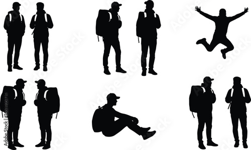 Black silhouettes of people with backpacks in standing, jumping, sitting poses, travel and outdoor lifestyle vector art, adventure illustration