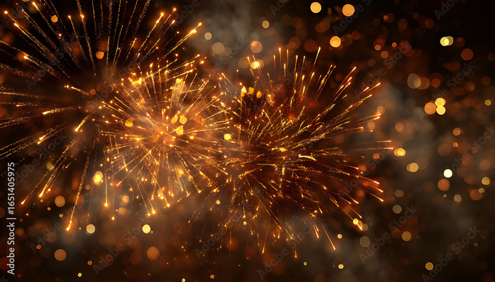 Fototapeta premium Fiery Splendor: Golden and Orange Fireworks Illuminate the Night Sky. A dazzling burst of golden and orange fireworks illuminates the