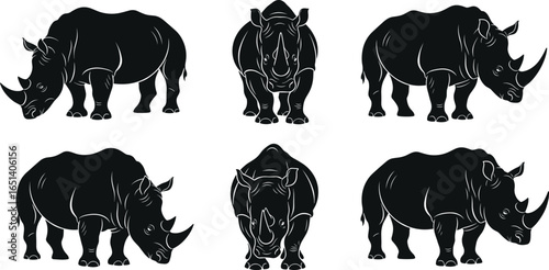 Rhinoceros silhouette illustration, black wildlife animal shape, exotic African species art, safari beast design, endangered horned mammal graphic, nature conservation