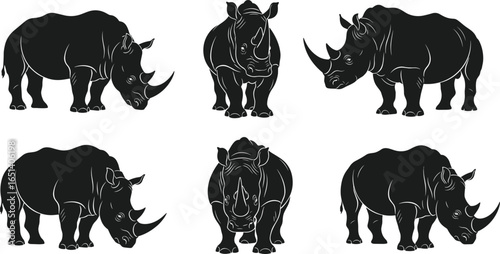 Rhinoceros silhouette illustration, African wildlife animal, black exotic beast art, horned mammal design, safari nature graphic, endangered species artwork, conservation themed vector