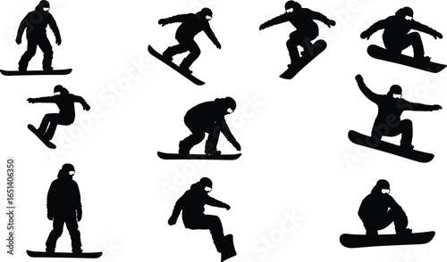 Silhouettes of snowboarders, performing tricks, jumps, stunts, grabs, spins, flips, dynamic poses, winter sports action, freestyle moves, athletes, extreme sport energy, motion