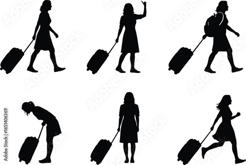 Traveler pulling wheeled suitcase in various poses, black silhouette, travel and vacation concept, journey illustration, tourism lifestyle vector art design