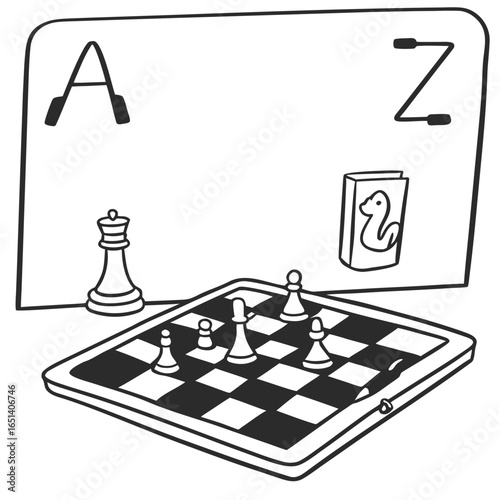 Illustration of chess game with az letters and book for learning strategy and tactics for beginners
