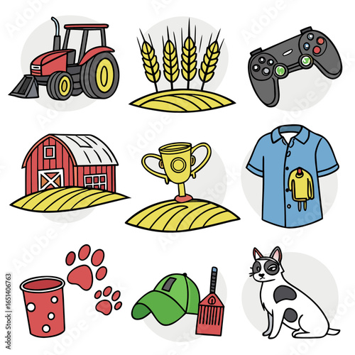 Illustration of farm elements including tractor barn wheat trophy and other farm related objects vector art