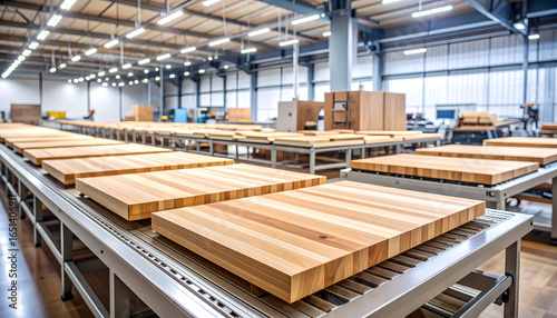 Wooden Blocks on Conveyor Belt Inside Industrial Factory Building With Overhead Lighting