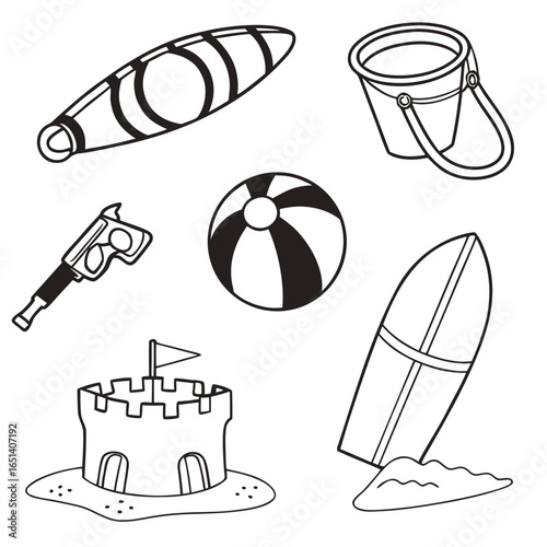 Coloring page of beach toys summer fun including sand castle surfboard beach ball bucket and water gun