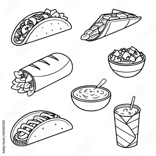 Delicious mexican food vector illustration featuring tacos burrito salsa salad and drink line art style design