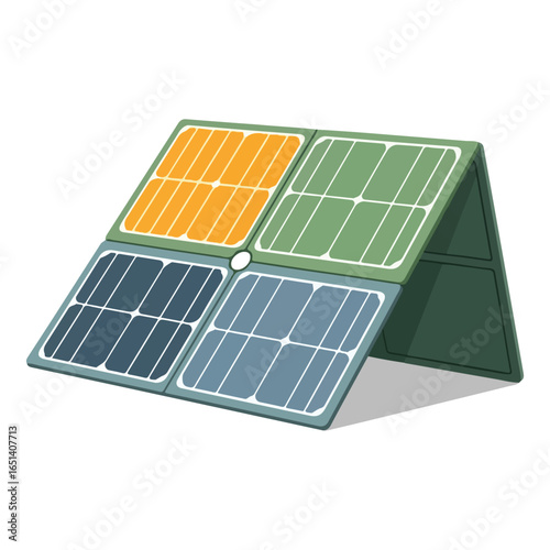 Four sectioned solar panels in orange green and blue arranged in a tent like structure renewable energy