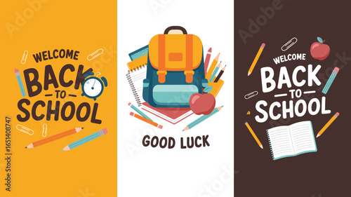 Back to school triptych illustration with alarm clock, backpack, book, pencils, and motivational text on yellow, white, and brown panels