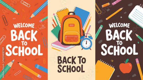 Back to school triptych illustration with orange, beige, and brown panels featuring supplies, backpack, books, and welcome messages