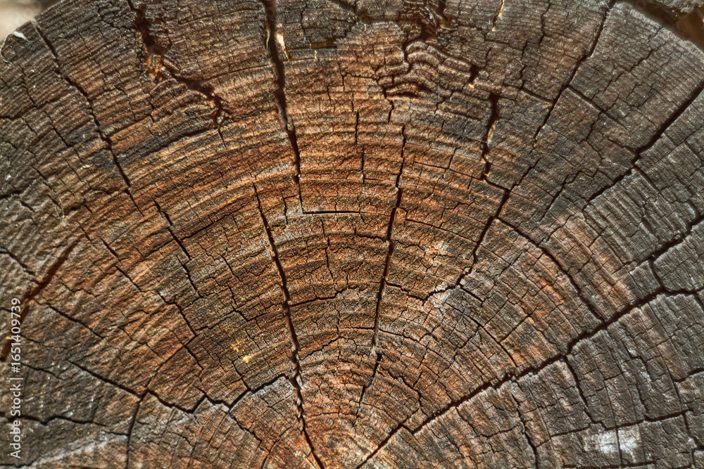 Fototapeta premium Detailed macro image of a tree stump showing concentric growth rings and natural cracks. The rough wood texture and varying shades of brown highlight the age and organic structure of the tree