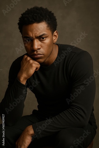 Pensive african male in black shirt posing with hand on chin