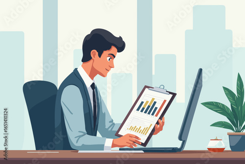 Focused businessman reviewing data charts at his desk in a brightly lit modern office.