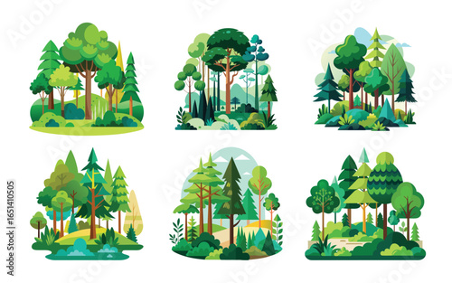 Six Green Forest Illustrations Nature Scenes Trees Landscape