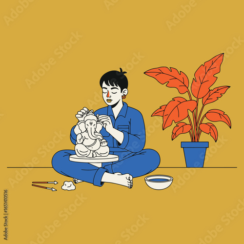 An illustration of a young person hand-sculpting a clay idol of Lord Ganesha, representing a creative and eco-friendly approach to the festival.