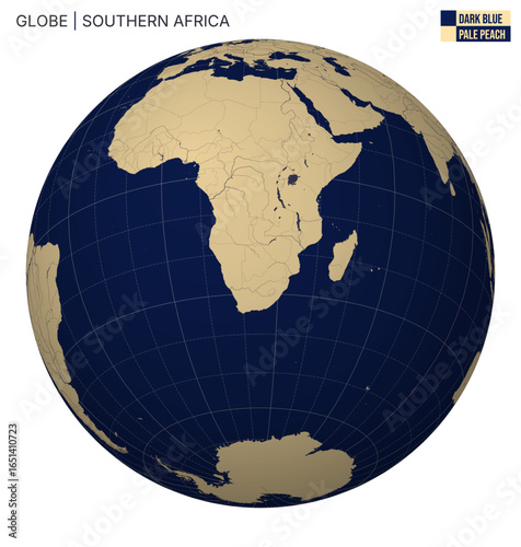 Vector Globe centered to Southern Africa. Dark Blue Pale Peach palette. World map with meridians, parallels, countries, rivers and lakes. Vibrant vector illustration.