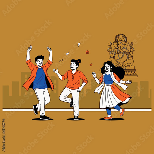 A cheerful illustration of three people joyfully dancing in celebration of the Ganesha festival, with a large Ganesha idol in the background.