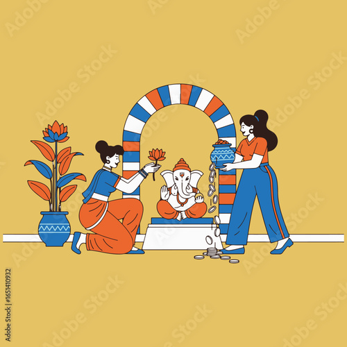 A charming illustration of two women performing a puja ritual, offering a lotus and dropping coins to Lord Ganesha for blessings of prosperity and wealth.