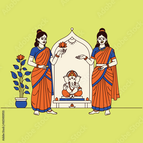 An elegant illustration of two women in traditional sarees performing a puja ritual, offering a lotus flower to a revered Lord Ganesha idol.