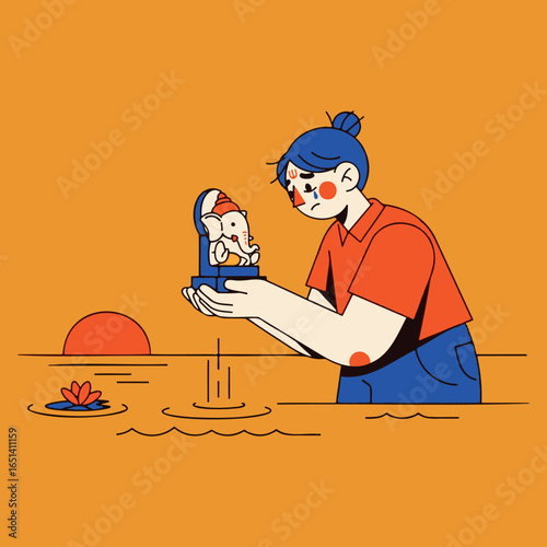 An emotional illustration of a woman performing the ritual of Ganesha Visarjan, symbolizing the end of the festival and a journey back to nature.