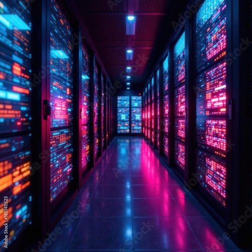 Network security operations center with glowing screens, prevention, encryption, malware