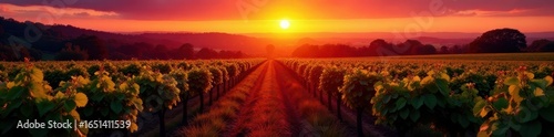 Crimson sunset casts long shadows across French vineyard rows , landscape, light