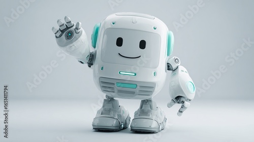 Friendly white robot waves hello, a cute futuristic android character.