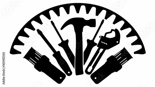 Illustration of assorted hand tools including screwdrivers hammer wrench and brushes arranged in a fan shape | editable eps vectors silhouette