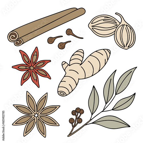 Illustration showing cinnamon sticks cloves cardamom ginger star anise and a leafy branch arrangement design on transparent background
