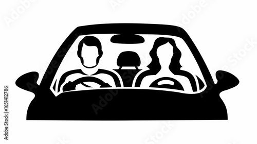 Silhouette illustration of a man and woman in a car with steering wheels and headrests visible inside car | editable eps vectors