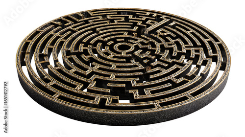 A circular maze design with a clear path from entry to exit, ideal for games and puzzles, isolated on a white background