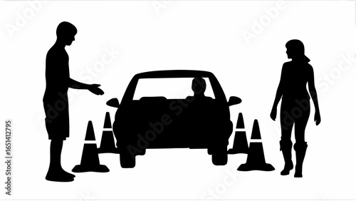 Silhouette of car with driver between cones and two people standing nearby on a white background scene | editable eps vectors