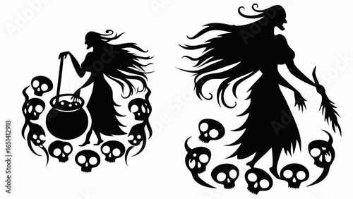 Silhouette of two witches surrounded by skulls one stirring a cauldron and the other holding a broomstick | editable eps vectors