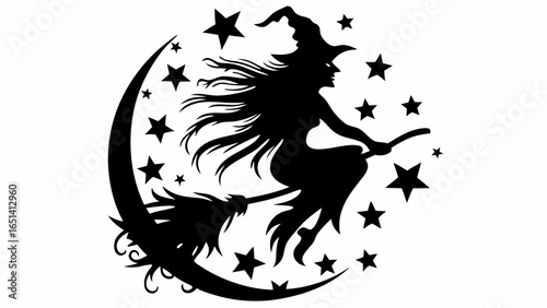Silhouette of a witch flying on a broomstick with stars and a crescent moon in a black and white design | editable eps vectors