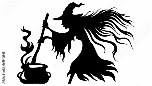 Silhouette of a witch stirring a cauldron with smoke rising, wearing a hat and flowing hair, halloween theme | editable eps vectors