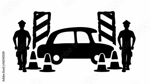 Silhouette of a car between striped barriers with two security guards and traffic cones around it | editable eps vectors