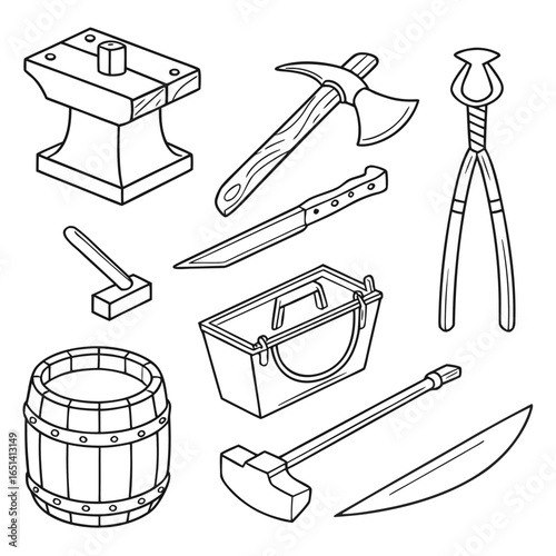 Illustration showing a collection of blacksmith tools including an anvil axe and various hammers and blades on transparent background