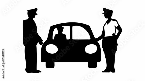 Silhouette illustration of a car with a driver stopped by two police officers in uniform at roadside check | editable eps vectors