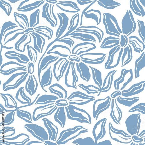 Seamless patterns floral design. Abstract hand drawn big blue flowers and leaves on white background. Collage modern print. Fashionable template