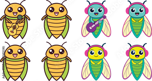 Cute cartoon cicada insects playing music and singing a song featuring vibrant colors and fun artistic design perfect for childrens illustration or playful graphic elements