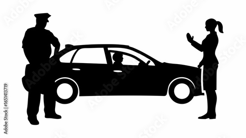Silhouette of a police officer and a woman standing next to a car with a driver inside the vehicle | editable eps vectors