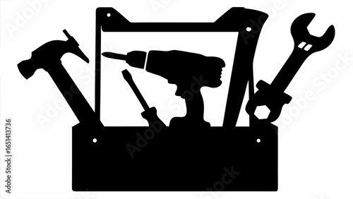 Silhouette of a toolbox filled with a hammer drill screwdriver and wrench in black and white style | editable eps vectors