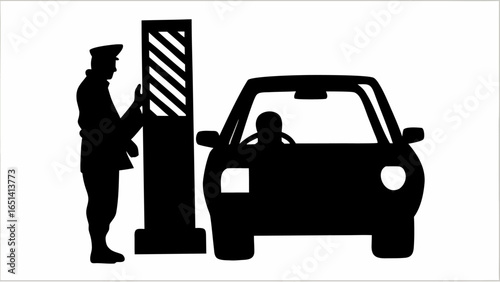 Silhouette of a car at a toll booth with a toll collector standing next to the booth and the vehicle | editable eps vectors