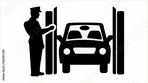 Silhouette of a border control officer inspecting a car passing through a checkpoint with barriers present | editable eps vectors
