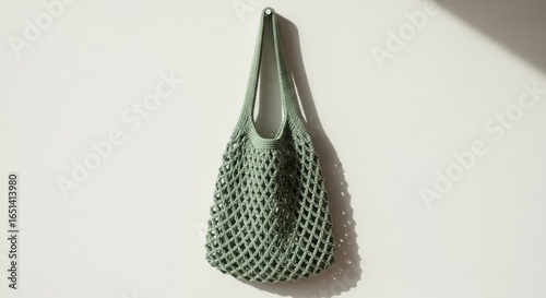 Green crochet mesh bag hanging on a white wall