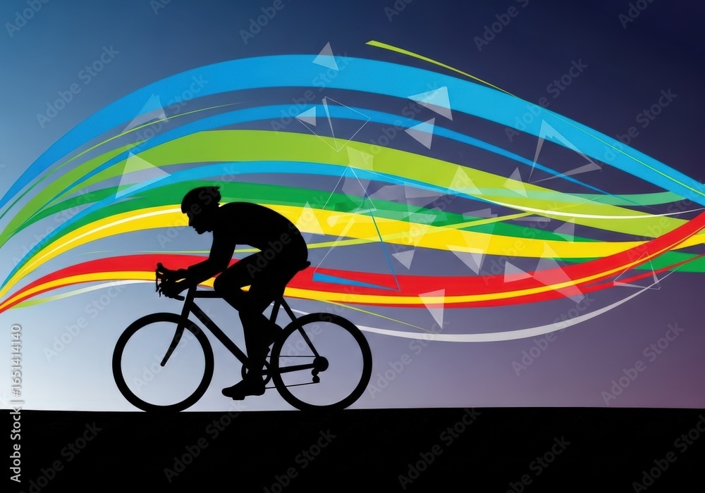 Fototapeta premium Silhouette of a cyclist on a bicycle with colorful abstract lines in the background, representing speed and energy