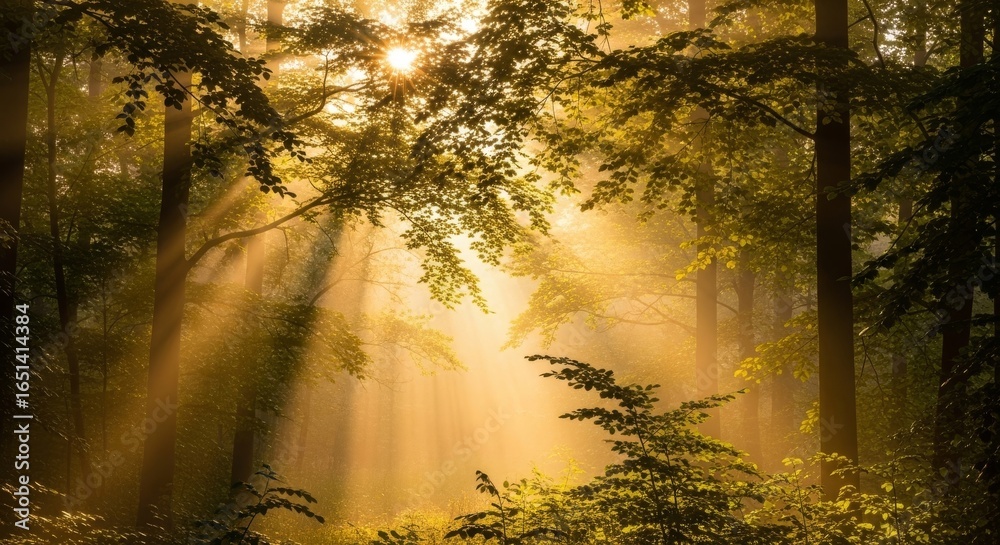 Obraz premium Sunlit Forest Path - Golden sunlight filters through leaves, creating magical beams. Symbolizing peace, serenity, nature's beauty, hope, and renewal