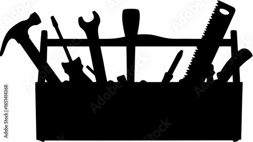Silhouette image of a toolbox filled with various tools including a hammer wrench and saw in black color | editable eps vectors