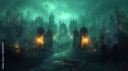 Spooky Haunted Castle Entrance in Mist with Jack - O - Lanterns and Crosses 
